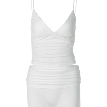 Ženský set: tielko bez rukávov a nohavice po trištvrte, mliečna hodvábna zmes, polyester-elastan, koláž detaily, leto 2025, mestský štýl