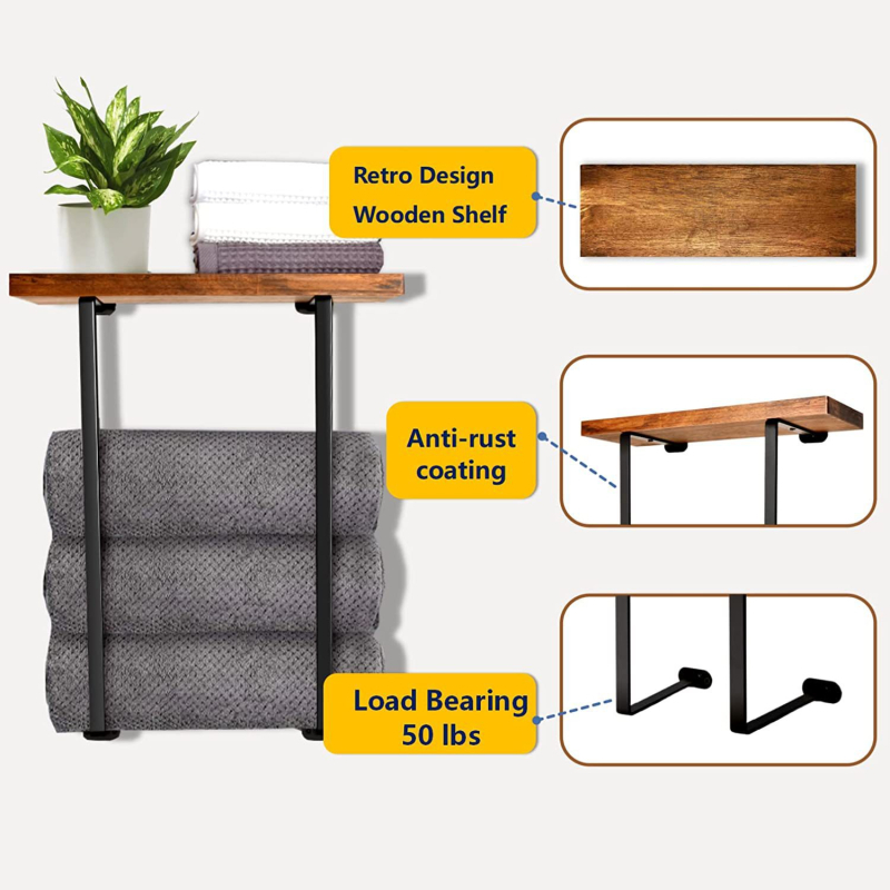 Zidni držač za ručnike od drveta/bambusa, jednostruki, moderni minimalistički stil, nosivost 25 kg, višenamjenski kupaonski organizator