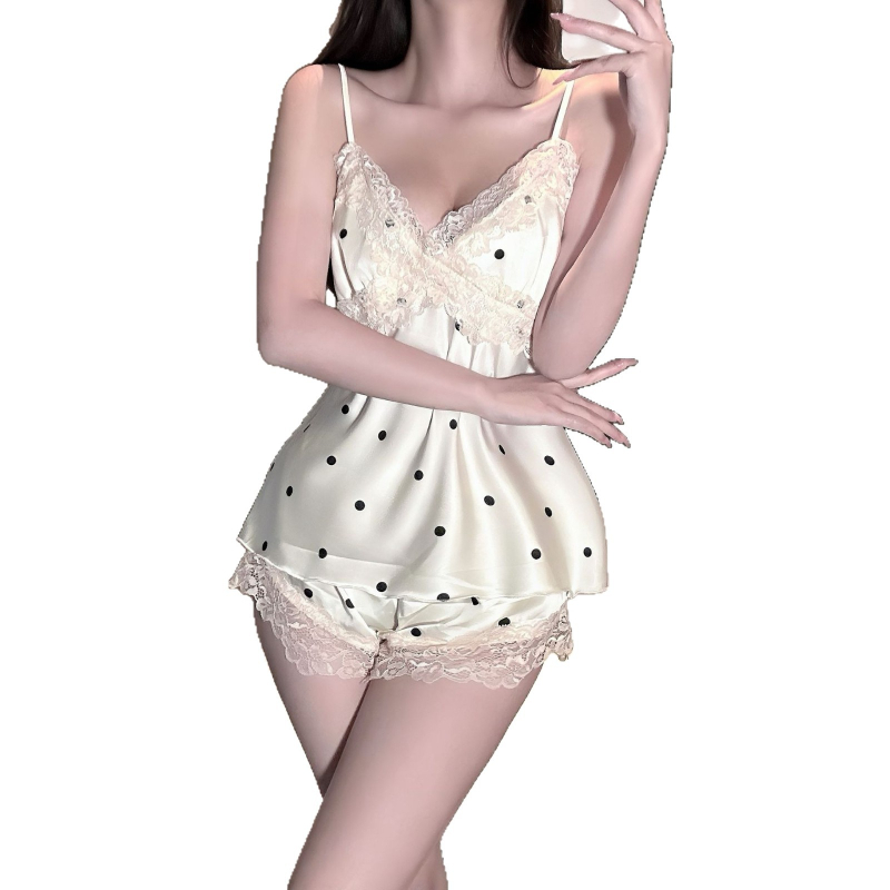 Σετ πυτζάμας δύο τεμαχίων από ice silk με μαξιλαράκια στήθους – τιραντιάστος στυλ νεράιδας, V-λαιμό, λεπτό ύφασμα 101–120 g/m², 80–90% πολυεστέρας, αναπνεόμενο