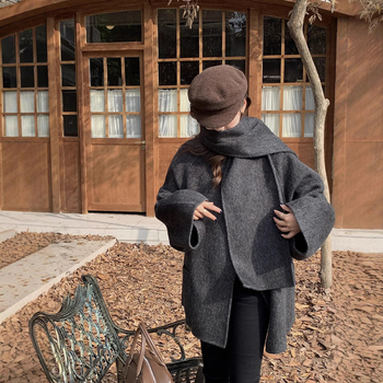 Женско твидено палто от вълна, свободна кройка, кръгла яка, скрито закопчаване с катарама, 95%+ вълна
