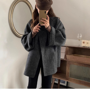 Женско твидено палто от вълна, свободна кройка, кръгла яка, скрито закопчаване с катарама, 95%+ вълна