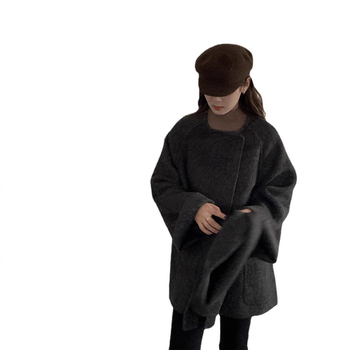 Женско твидено палто от вълна, свободна кройка, кръгла яка, скрито закопчаване с катарама, 95%+ вълна