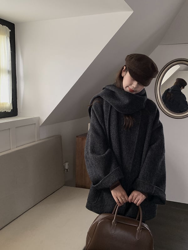 Женско твидено палто от вълна, свободна кройка, кръгла яка, скрито закопчаване с катарама, 95%+ вълна