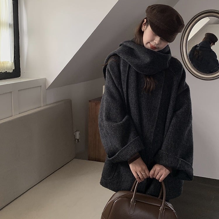 Женско твидено палто от вълна, свободна кройка, кръгла яка, скрито закопчаване с катарама, 95%+ вълна