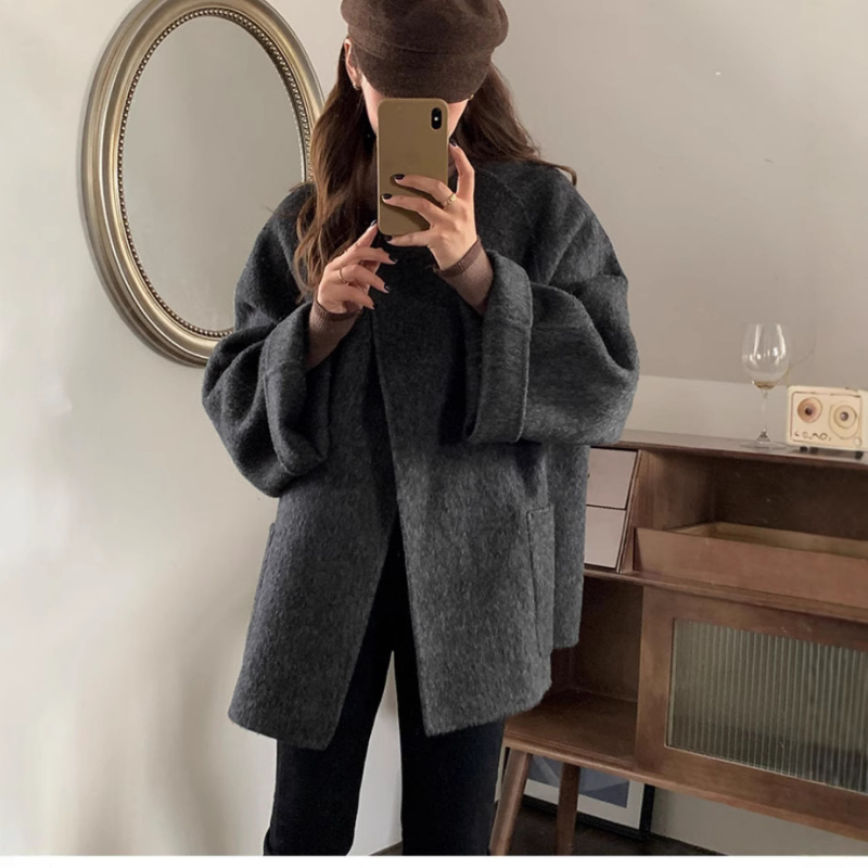 Женско твидено палто от вълна, свободна кройка, кръгла яка, скрито закопчаване с катарама, 95%+ вълна