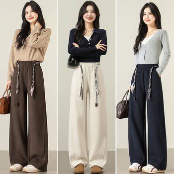 Панталони от вълнено-смесен материал, подплътени с флис, широки крачоли, висока талия, връзка за регулиране, ежедневни дълги панталони