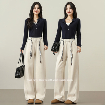Панталони от вълнено-смесен материал, подплътени с флис, широки крачоли, висока талия, връзка за регулиране, ежедневни дълги панталони