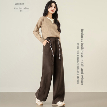 Панталони от вълнено-смесен материал, подплътени с флис, широки крачоли, висока талия, връзка за регулиране, ежедневни дълги панталони