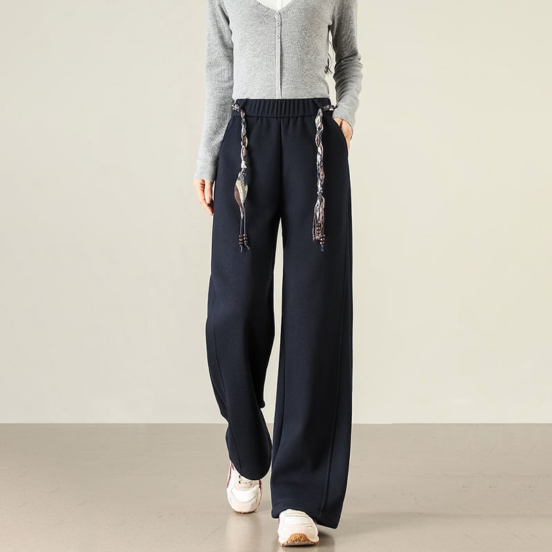 Панталони от вълнено-смесен материал, подплътени с флис, широки крачоли, висока талия, връзка за регулиране, ежедневни дълги панталони