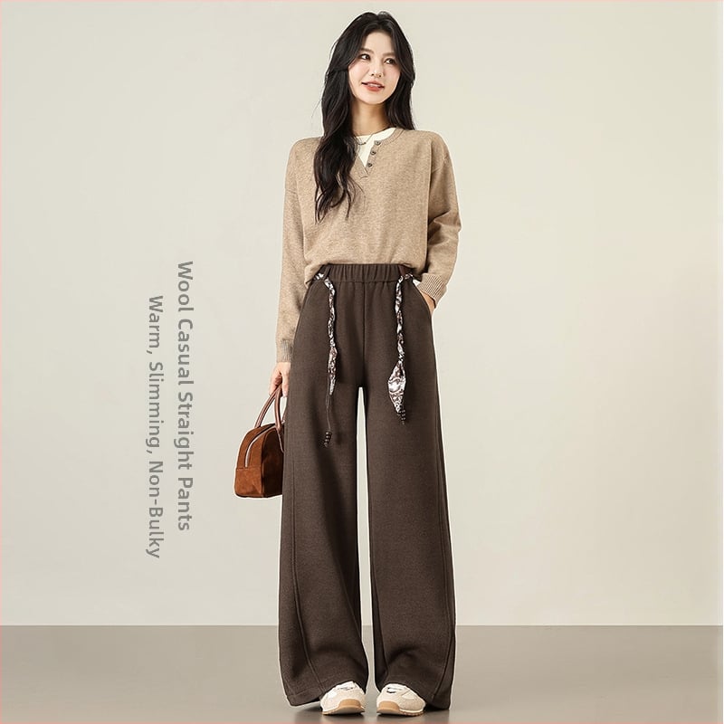 Панталони от вълнено-смесен материал, подплътени с флис, широки крачоли, висока талия, връзка за регулиране, ежедневни дълги панталони