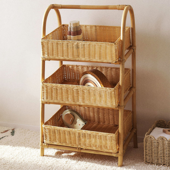 Coș de depozitare din răchită, pentru podea, trei niveluri, țesut manual, stil Nordic, pentru telecomenzi, cosmetică/bijuterii, cărți și cabluri — model MY3861, Willow/Straw