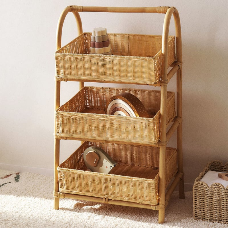 Coș de depozitare din răchită, pentru podea, trei niveluri, țesut manual, stil Nordic, pentru telecomenzi, cosmetică/bijuterii, cărți și cabluri — model MY3861, Willow/Straw