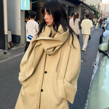 Дамско палто от вълна, двустранно, със стояща яка, средна дължина 65–80 см, патчворк дизайн, еднобортно закопчаване