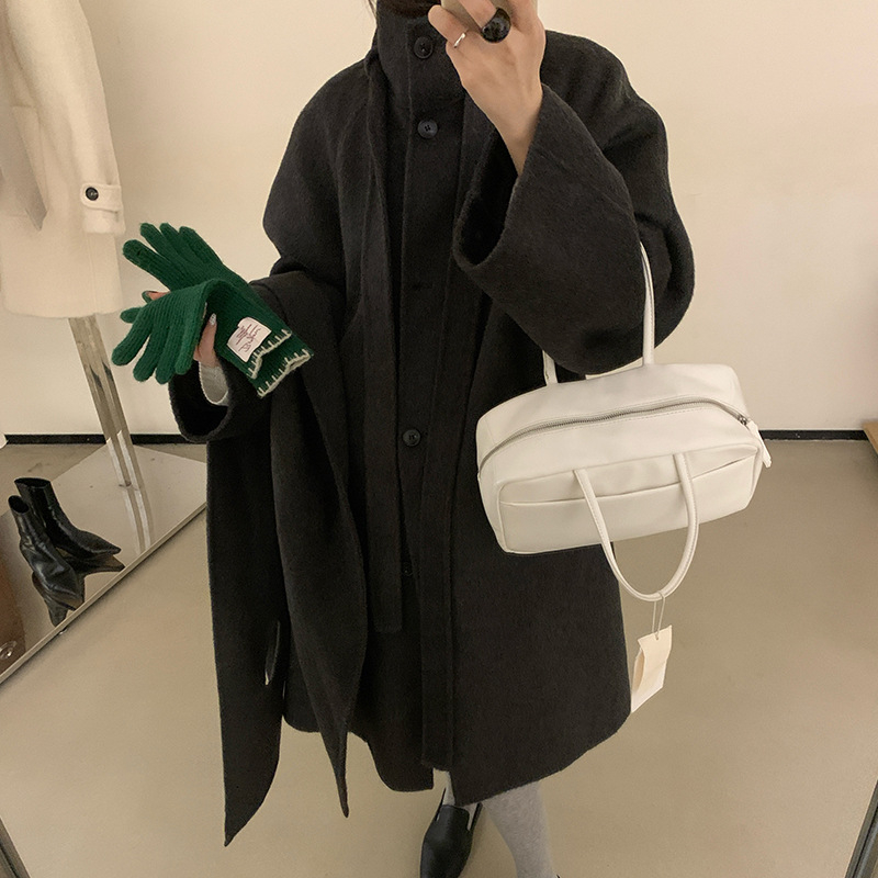 Дамско палто от вълна, двустранно, със стояща яка, средна дължина 65–80 см, патчворк дизайн, еднобортно закопчаване