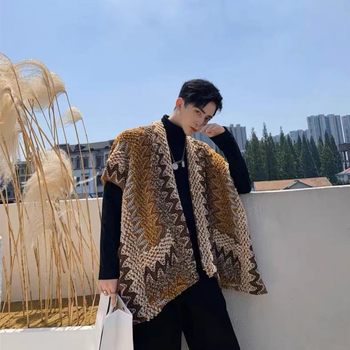 Етно стил плащ-шал с джобове, памук твил, warp-knit, ширина 85 см, модел цветна клетка, запазва топлината, за зима и есен