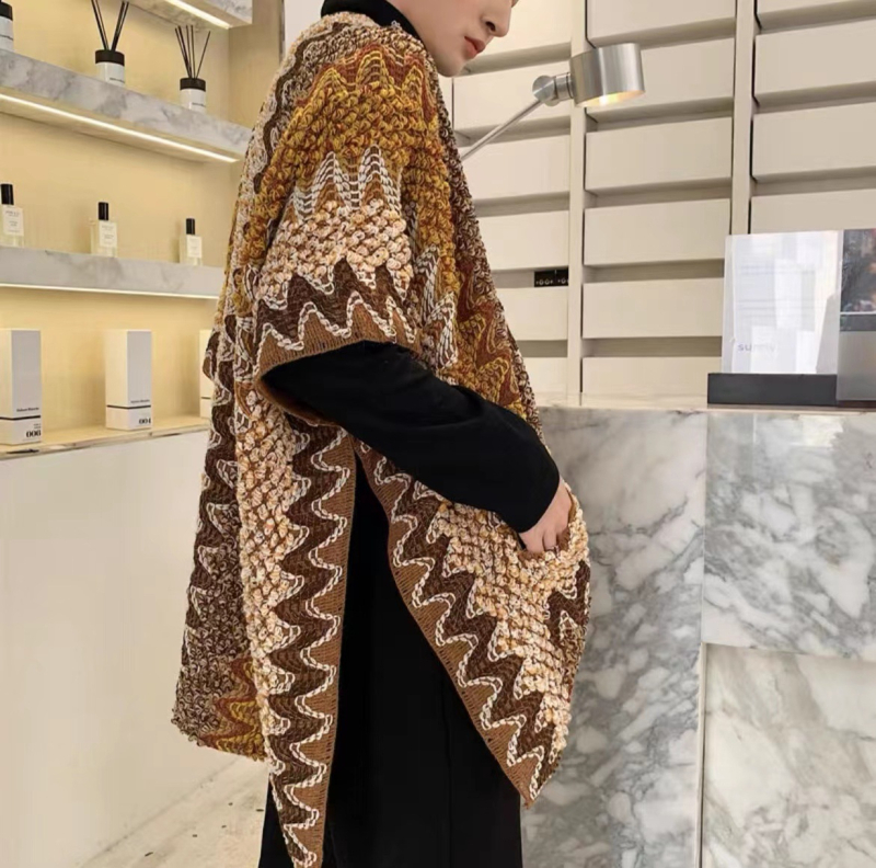 Етно стил плащ-шал с джобове, памук твил, warp-knit, ширина 85 см, модел цветна клетка, запазва топлината, за зима и есен