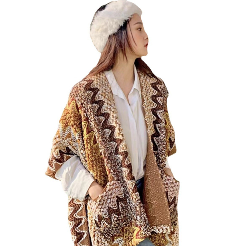 Етно стил плащ-шал с джобове, памук твил, warp-knit, ширина 85 см, модел цветна клетка, запазва топлината, за зима и есен