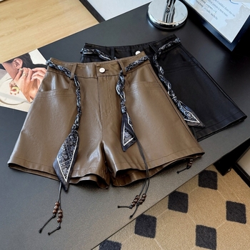 Дамски PU кожени панталони с колан от коприна, висока талия, широки крачоли, дължина три четвърти, полиестрова смес