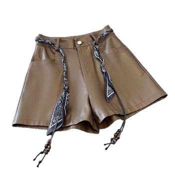 Дамски PU кожени панталони с колан от коприна, висока талия, широки крачоли, дължина три четвърти, полиестрова смес