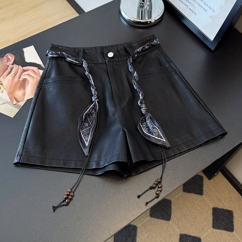 Дамски PU кожени панталони с колан от коприна, висока талия, широки крачоли, дължина три четвърти, полиестрова смес