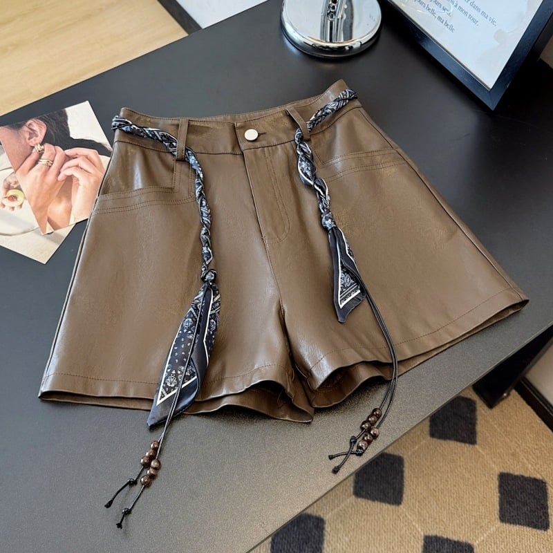 Дамски PU кожени панталони с колан от коприна, висока талия, широки крачоли, дължина три четвърти, полиестрова смес