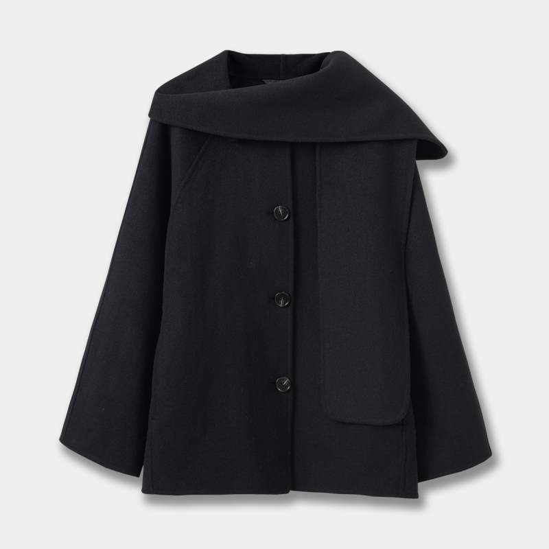 Дамско палто от вълна – средна дължина, шал-яка, реглан ръкави, свободен крой, едноредово закопчаване, едноцветно