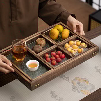 Tavă compartimentată pentru fructe din bambus, pentru masă de ceai — stil retro, lux discret retro, calitate primă
