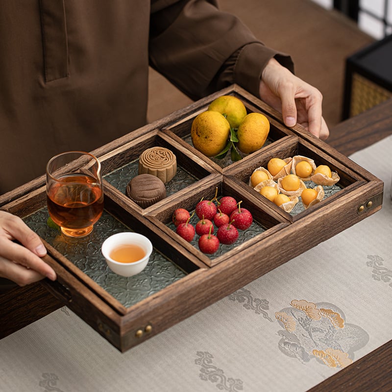Tavă compartimentată pentru fructe din bambus, pentru masă de ceai — stil retro, lux discret retro, calitate primă