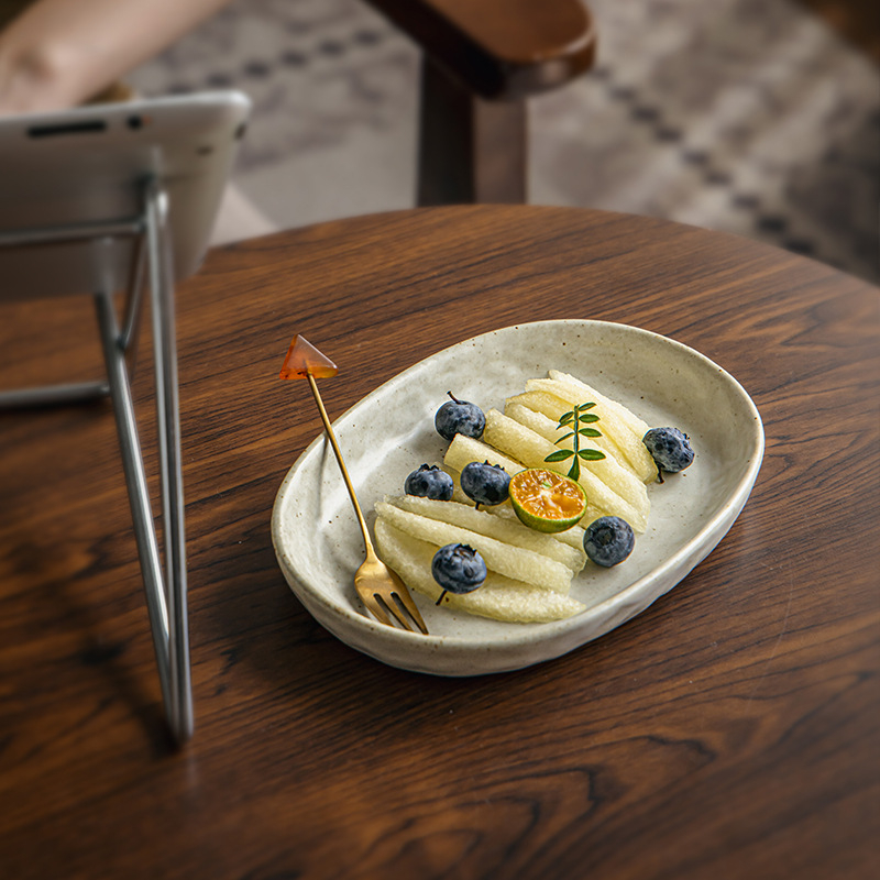 Farfurie ovală din ceramică, stil japonez retro, formă neregulată, multifuncțională pentru sushi, gustări și deserturi