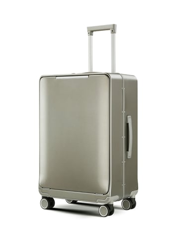 Utazókoffer elülső nyitással, alumínium kerettel, PC burkolattal, TSA jelszavas zár, univerzális kerekek, száraz–nedves elválasztás