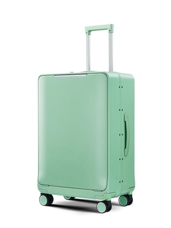 Utazókoffer elülső nyitással, alumínium kerettel, PC burkolattal, TSA jelszavas zár, univerzális kerekek, száraz–nedves elválasztás