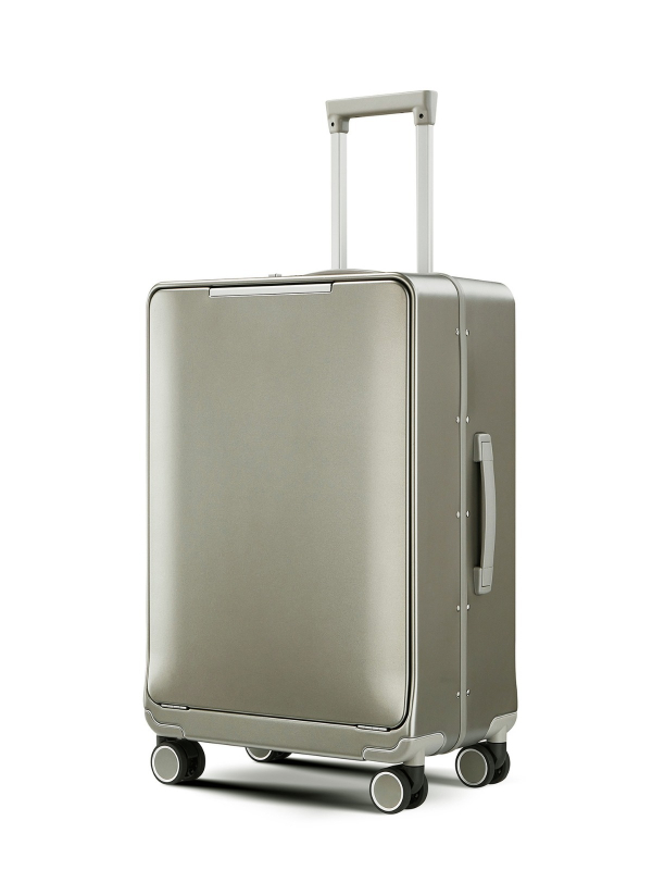Utazókoffer elülső nyitással, alumínium kerettel, PC burkolattal, TSA jelszavas zár, univerzális kerekek, száraz–nedves elválasztás