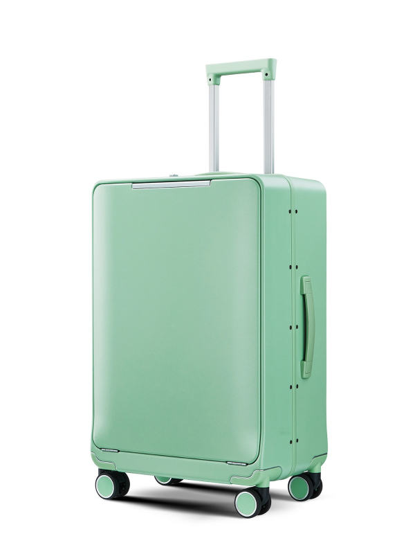 Utazókoffer elülső nyitással, alumínium kerettel, PC burkolattal, TSA jelszavas zár, univerzális kerekek, száraz–nedves elválasztás