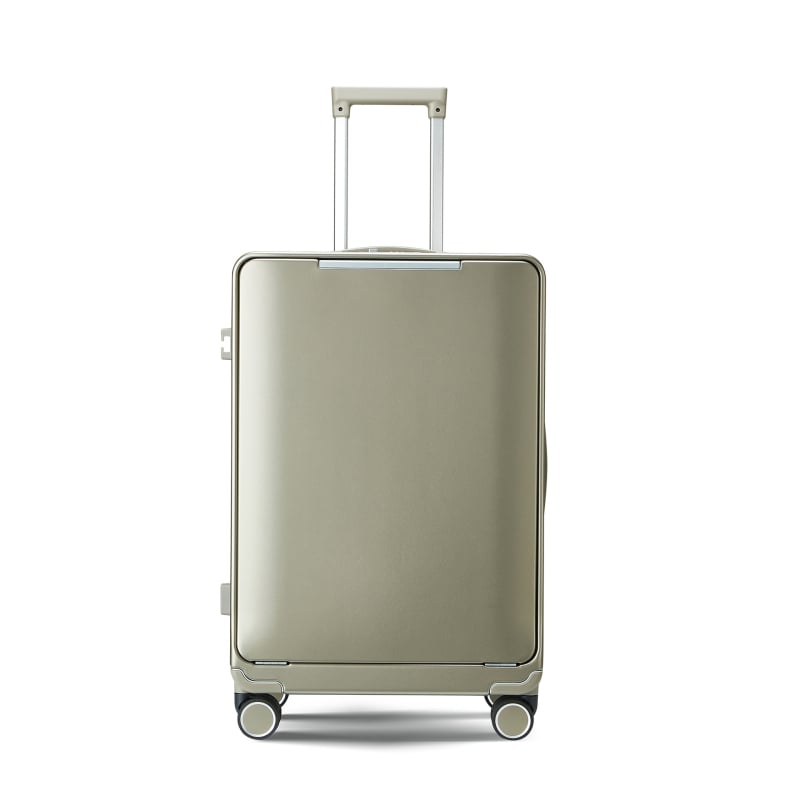 Utazókoffer elülső nyitással, alumínium kerettel, PC burkolattal, TSA jelszavas zár, univerzális kerekek, száraz–nedves elválasztás