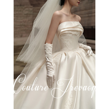 Váll nélküli esküvői ruha, hercegnői sziluett, hosszú szoknya, középső derék, poliészter keverék