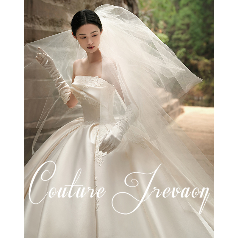 Váll nélküli esküvői ruha, hercegnői sziluett, hosszú szoknya, középső derék, poliészter keverék