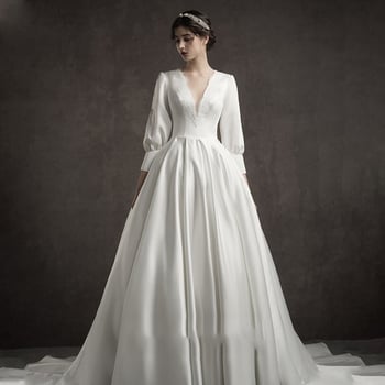 Si Ai Vienna Waltz Könnyű menyasszonyi ruha 2025 tavasz - hosszú ujjú, mély V-nyak, uszály, poliészter anyag, középső derék