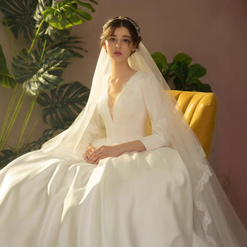 Si Ai Vienna Waltz Könnyű menyasszonyi ruha 2025 tavasz - hosszú ujjú, mély V-nyak, uszály, poliészter anyag, középső derék