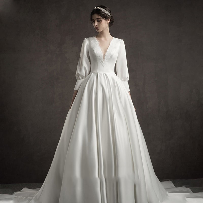 Si Ai Vienna Waltz Könnyű menyasszonyi ruha 2025 tavasz - hosszú ujjú, mély V-nyak, uszály, poliészter anyag, középső derék