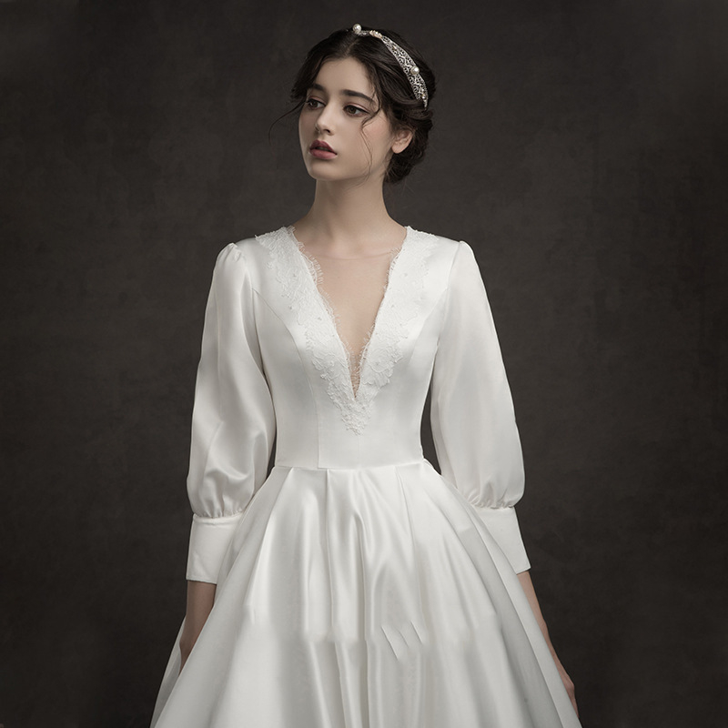 Si Ai Vienna Waltz Könnyű menyasszonyi ruha 2025 tavasz - hosszú ujjú, mély V-nyak, uszály, poliészter anyag, középső derék