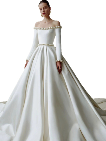 Szatén hosszú ujjú menyasszonyi ruha váll fölötti kivágással, hosszú szoknya, középső derék, poliészter, téli 2025 kollekció