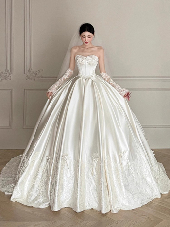 Rochie de mireasă din satin de poliester, cu trenă, mâneci lungi, fustă lungă, talie medie