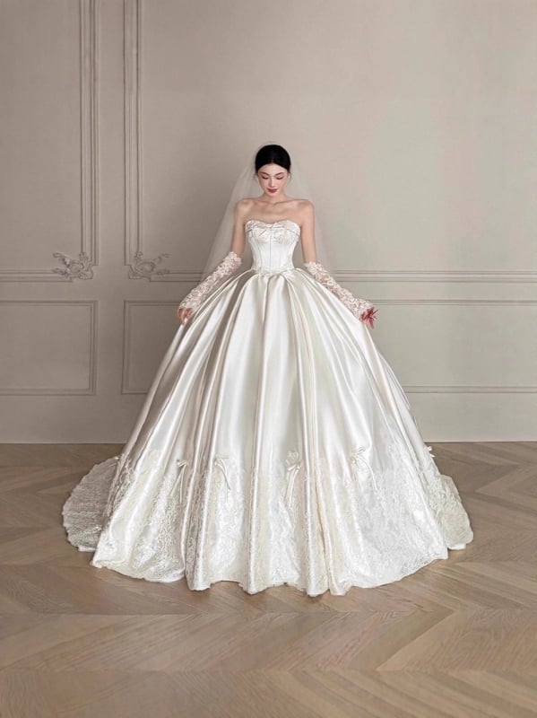 Rochie de mireasă din satin de poliester, cu trenă, mâneci lungi, fustă lungă, talie medie