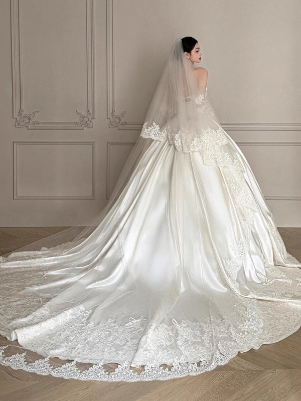 Rochie de mireasă din satin de poliester, cu trenă, mâneci lungi, fustă lungă, talie medie