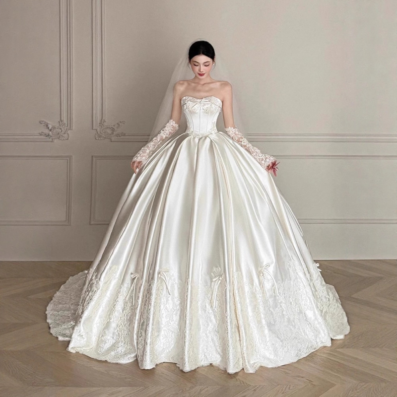 Rochie de mireasă din satin de poliester, cu trenă, mâneci lungi, fustă lungă, talie medie