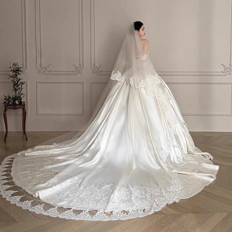 Rochie de mireasă din satin de poliester, cu trenă, mâneci lungi, fustă lungă, talie medie