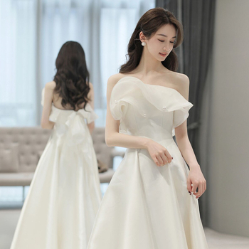 Rochie de mireasă în stil coreean, fără bretele, talie înaltă, lungă din satin, siluetă de prințesă, amestec poliester 30–50%