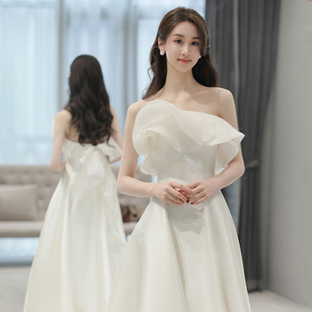 Rochie de mireasă în stil coreean, fără bretele, talie înaltă, lungă din satin, siluetă de prințesă, amestec poliester 30–50%