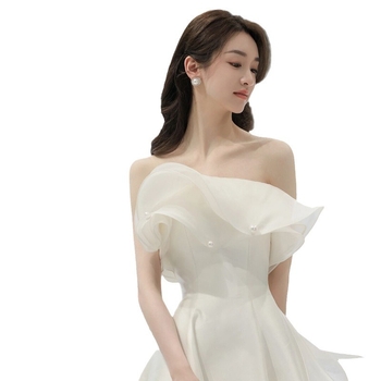 Rochie de mireasă în stil coreean, fără bretele, talie înaltă, lungă din satin, siluetă de prințesă, amestec poliester 30–50%