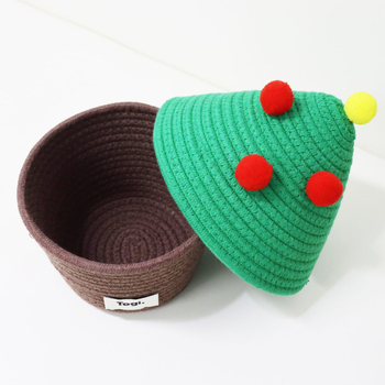 Kötött tárolókosár fedéllel – karácsonyi motívum, pamutfonal, Ins stílus, többfunkciós rendszerező